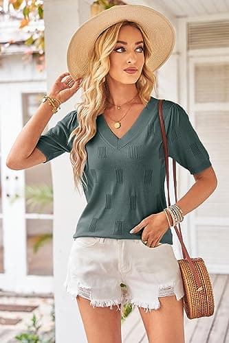 Arach&Cloz Women's Summer Fall Tops 2025 Short Sleeve Plus Size Sweaters V Neck Trendy Fashion Knit Clothes Dressy Cute Casual Outfits Business Work Blouse Grey Green L - Image 2