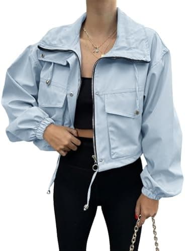 Tankaneo Womens Cropped Jacket Zip Up Lightweight Oversized Utility Anorak Coat with Pockets - Image 4