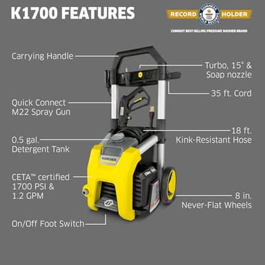 Kärcher Pressure Washer K1700, CETA Certified, 3 Spray Nozzles, Detergent Tank, for Cars, Driveways, Siding, Patios, 1.2 max. GPM - Image 2