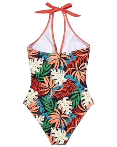 SUUKSESS Women Sexy Tummy Control One Piece Swimsuits Halter Push Up Monokini Bathing Suits (Coral Pink Leaf, S) - Image 5