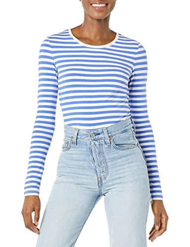 Amazon Essentials Women's Regular-Fit Long-Sleeve Crewneck T-Shirt (Available in Plus Size), Blue White Stripe, Medium - Image 1