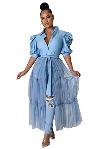 Ekaliy Women’s Plus Size Casual Tunic Tops Blouses Mesh See Through Shirts Dresses with Belt Club Party Outfit XXL Blue - Image 1