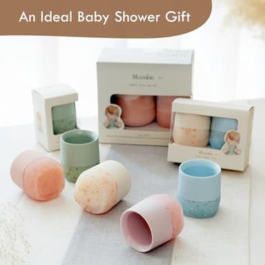 Moonkie Silicone Baby Cups 4 Months+ | Tiny Open Training Cups for Infants with Confetti Sprinkles | Baby-Led Weaning Essential | 2 oz (Blush/Soft Lilac, 2 Pack) - Image 9