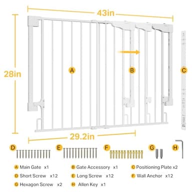 Cumbor 29.2–43" Baby Gate for Stairs, Wall-Mounted (Drill Required), Expandable No Bottom Bar Dog Gate, Auto Close Extra Wide Walk Thru, Pet & Toddler Proof Gate, Top & Bottom of Stairways (White) - Image 9