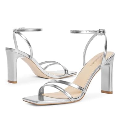Modatope Womens Sandals Square Open Toe Silver High Heels Strappy Ankle Strap Sandals Comfort Dress Party Shoes Size 7.5 - Image 3