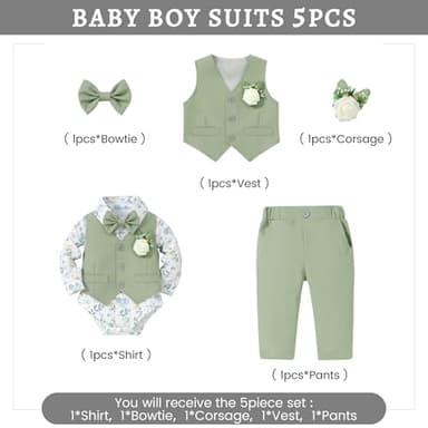 SANMIO Baby Boy Clothes Suits Easter Outfit Baby Boy Collared Dress Shirt+Vest+Tie+Corsage+Pants 5Pcs Infant Gentleman Suits Sets Light Green 6-12M - Image 5