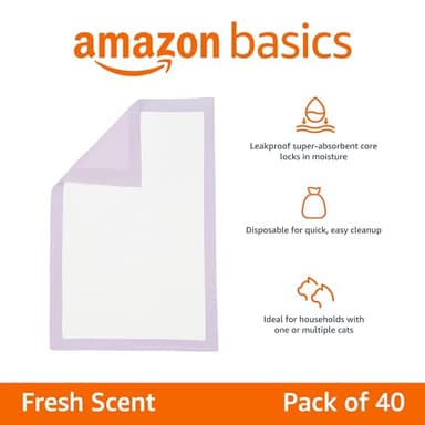 Amazon Basics Cat Litters Pee Pads, 40 Count, Universal Fit for Litter Box, Odor Control with Fresh Scent, Purple and White - Image 2