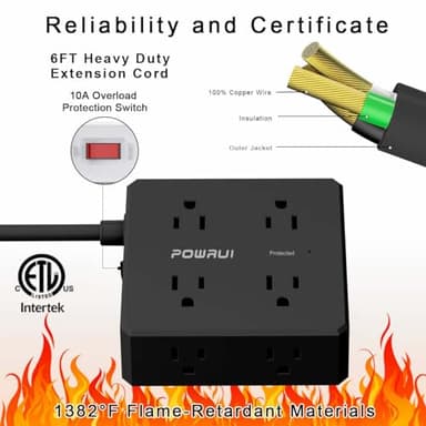 Surge Protector Power Strip - 6 Ft Flat Plug Extension Cord with 8 Widely Outlets and 4 USB Ports(1 USB C), 3 Side Outlet Extender for Home Office, Black, ETL Listed - Image 6