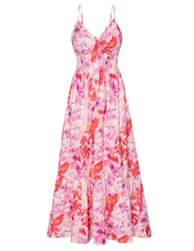 Summer Floral Bohemian Sleeveless Dress Casual Spaghetti Strap Tie Front Smocked Flowy Ruffle Long Dress - Image 1