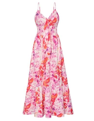 Summer Floral Bohemian Sleeveless Dress Casual Spaghetti Strap Tie Front Smocked Flowy Ruffle Long Dress - Image 1
