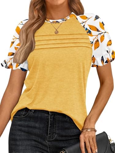 Chulianyouhuo Women's Ruffle Sleeve Tops Summer Crew Neck Casual Pleated Front Blouse Loose Fit Basic Tee Shirt(Yellow S) - Image 1