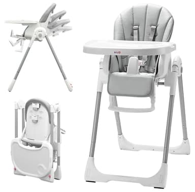 KÜB 3-in-1 Foldable Baby High Chair | Multifunctional Infant High Chairs for Babies and Toddlers | Removable Seat & Tray Easy Clean | 7 Height & 4 Recline Adjustable | 2 Locking Wheels (Grey) - Image 1