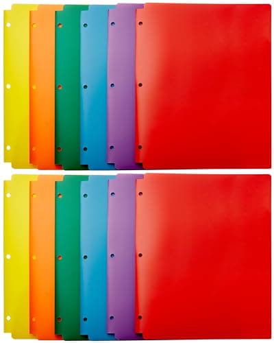 Amazon Basics Plastic 3 Hole Punch Folders with 2 Pockets, 8.5 x 11 inches, Pack of 12, Assorted Color - Image 1