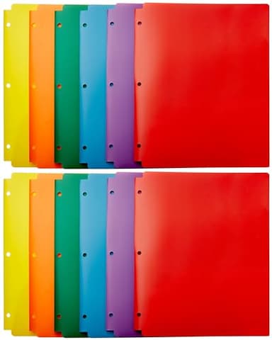 Amazon Basics Plastic 3 Hole Punch Folders with 2 Pockets, 8.5 x 11 inches, Pack of 12, Assorted Color - Image 1