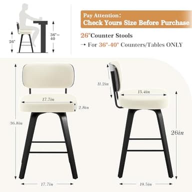 Bekrvio Swivel Counter Height Bar Stools Set of 4, Upholstered Faux Leather Barstools with Back, 26" Seat Height Bar Chairs Island Stools for Kitchen Counter, Black Wood Frame, Cream White - Image 2