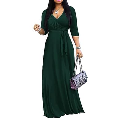 FANDEE Women's 2025 Maxi Dress - Solid Color Bohemian Summer Long Maxi Dress V-Neck 3/4 Sleeve Green XL - Image 1