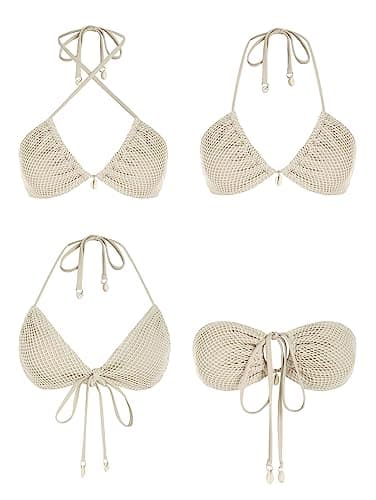 ZAFUL Women's Triangle Bikini Multiway Fishnet Tie Side Bandeau Halter String Bikini Set Two Piece Swimsuit Bathing Suits (1-Light Coffee, S) - Image 3