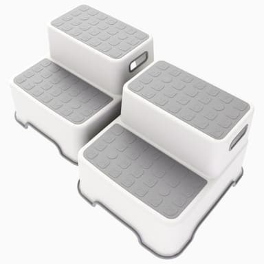 ZLMHYYM Toddler Step Stool for Bathroom Sink, 2 Pack Step Stool for Kids, Plastic Potty Training Toilet Stepping Stools, Child and Baby Lightweight&No-Slip Two Step Stools for Kitchen(Off-White/Gray) - Image 1