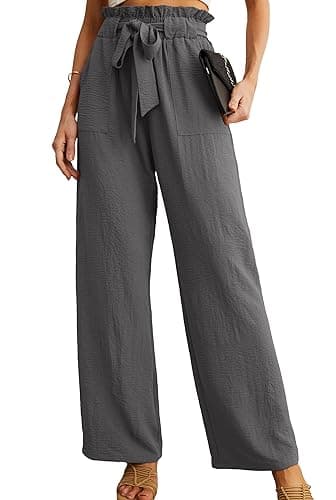 IWOLLENCE Women's Wide Leg Pants with Pockets High Waist Adjustable Knot Loose Casual Trousers Business Work Casual Pants Smoky Gray Large - Image 1