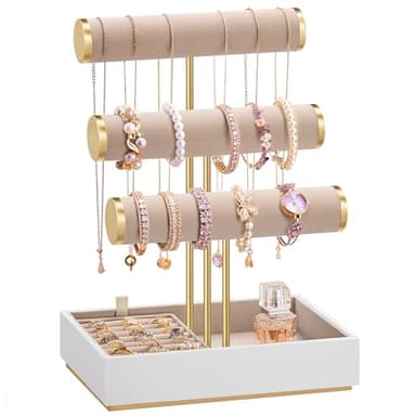 SONGMICS Bracelet Holder Stand, Jewelry Display Stand, Jewelry Organizer, with 3 Tiers and Velvet Tray, Removable Ring Holder, Cloud White and Camel Brown UJJS027A01 - Image 1
