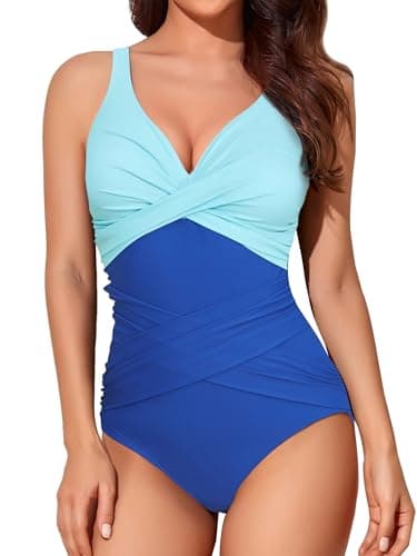 Smismivo Tummy Control Swimsuits for Women Slimming One Piece Bathing Suit Padded Ruched Push Up Long Torso Curvy Shapewear V Neck Criss Cross Swimming Full Coverage for Swimwear (Blue Block) - Image 1