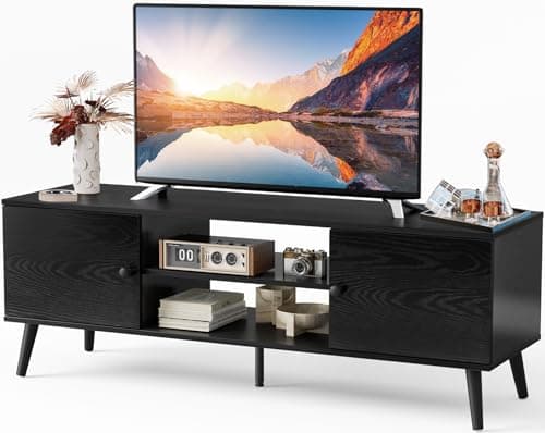 Sweetcrispy TV Stand for 55 60 inch TV, Modern Mid Century Entertainment Center with Storage, Media Console Table 2 Cabinet, Soft Hinge, Handle Door, Wooden Living Room, Office Furniture, Pure Black - Image 1