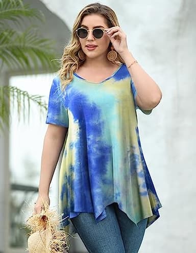 LARACE Tie Dye Shirt Women Casual Tops Plus Size V Neck Blouses Short Sleeve Summer Clothes Flowy Asymmetrical Tee(T04-Blue 1X) - Image 5