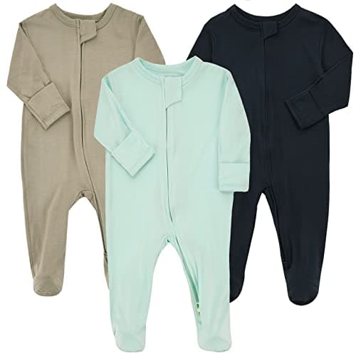 Aablexema Baby Zipper Pajamas Bamboo Rayon, 3pcs Unisex Infant Onesie with Mitten Long Sleeve Footed Pjs(Navy & Mint & Coffee,3-6m) - Image 1
