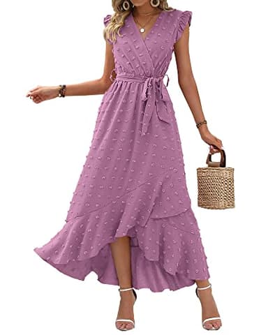 BTFBM Women V Neck Summer Dress 2025 Cap Sleeve Swiss Dot Boho Flowy Ruffle Slit Beach Party Long Maxi Cocktail Dresses(Purple, Small) - Image 1