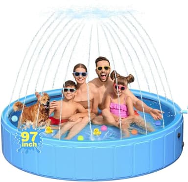 97In Extra Large Anti-Slip Dog Pool with Sprinkler, Sturdy 2-in-1 Foldable Hard Plastic Kiddie/Kids Swimming Pool, Summer Swimming Bath Tub for Kids/Large Dogs/Pets - Image 1