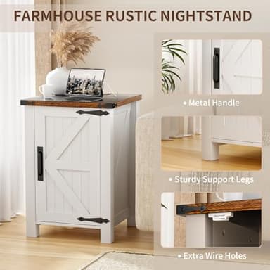 OLILAWN Farmhouse Nightstand with Charging Station, End Tables for Living Room, with Barn Door and Adjustable Shelf, Old Farmhouse End Tables Antique White, with 2-Tier Storage, Bedroom - Image 2