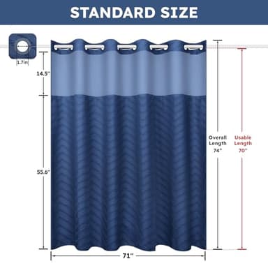 FADOTY No Hook Shower Curtain and Snap in Liner Set Navy Blue Tufted Chevron Striped Cloth Waterproof Washable Fabric Boho Bath Curtain with See Through Mesh Top Window for Bathroom Hotel 71" x 74" - Image 5