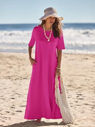 MEROKEETY Women's 2025 Summer Maxi Dress Casual Short Sleeve Beach Vacation Crewneck Basic Long T Shirt Dresses, Rose, Medium - Image 6