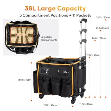 YMU Large Rolling Cleaning Caddy Bag With Detachable Trolley, 4 in 1 Portable Cart for Housekeeping With Swivel Caster & Shoulder Strap, Waterproof Supplies Organizer - Image 4