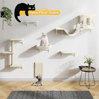 NUNU LAB Wall Mounted Cat Furniture Set - 6 Pcs Climber Set with House, Bridge, Steps, Scratcher Board - DIY Walls Playground, Indoor Cat Shelves - White - Image 3