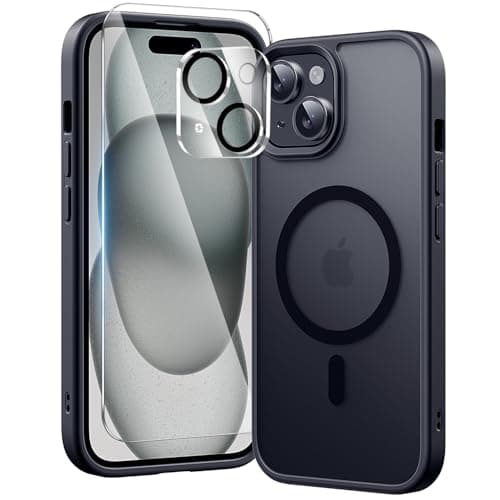 toushion 3 in 1 for iPhone 15 Case with MagSafe, Screen Protector*1 Camera Lens Protector*1,Matte Skin Feeling Back Cover Military-Grade Protection for iPhone 15 Phone Case 6.1 inch Matte Black - Image 1