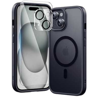 toushion 3 in 1 for iPhone 15 Case with MagSafe, Screen Protector*1 Camera Lens Protector*1,Matte Skin Feeling Back Cover Military-Grade Protection for iPhone 15 Phone Case 6.1 inch Matte Black - Image 1