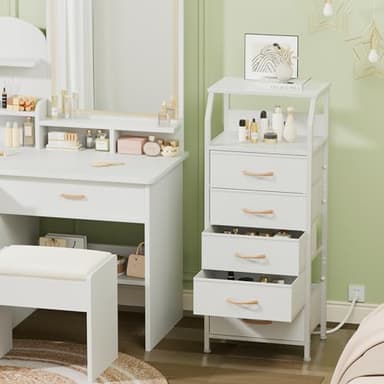 Furnulem 5 Drawers Dresser with Charging Station, Tall Night Stand with Open Shelf, Storage Tower with PVC & Fabric Drawer, Bedside Table for Bedroom, Closet, Entryway, 3 Ways to Use, White - Image 2