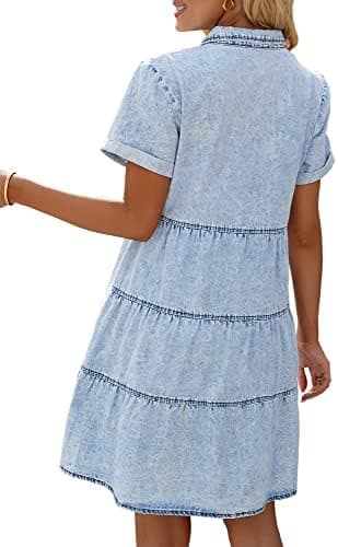 LookbookStore Women's Short Sleeve Button Down Flowy Tiered Babydoll Denim Dress - Image 5