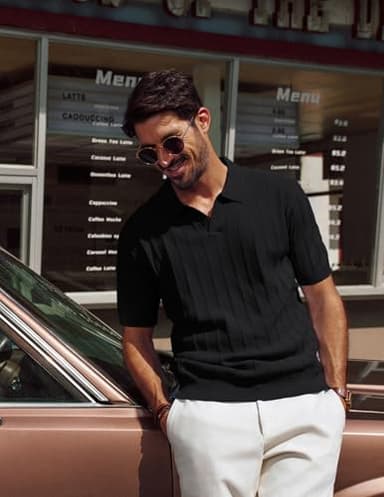 PJ PAUL JONES Mens Polo Shirts Short Sleeve Textured Knit Golf Shirts Collared V Neck Polo Shirts Black - Image 3