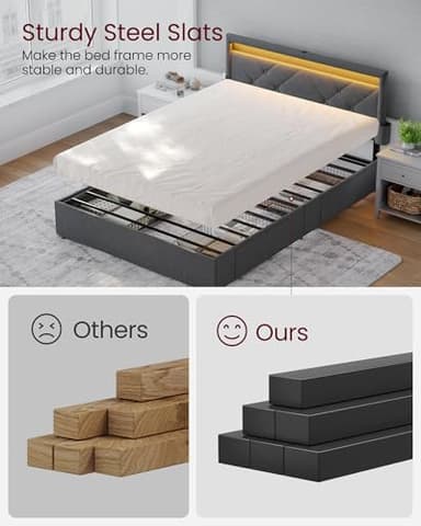 VASAGLE LED Bed Frame Full Size, Full Bed with Headboard and 4 Drawers, 1 USB Port and 1 Type C Port, Adjustable Upholstered Headboard 37.1/39.6 Inches, No Box Spring Needed, Dark Gray URMB822G71 - Image 6