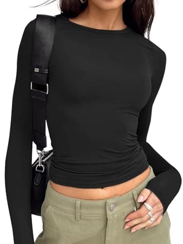 Trendy Queen Womens Long Sleeve Shirts Basic Crop Tops Tight Slim Fit Cute Teen Girls Fall Winter Y2k Clothes Black M - Image 1