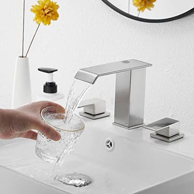 Bathroom Faucet Brushed Nickel Widespread GGStudy 3 Holes 2 Handle Waterfall Modern Bathroom Sink Faucet with Pop Up Drain - Image 7