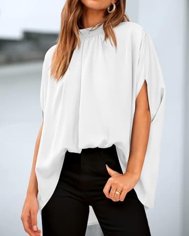 BTFBM Womens Summer Tops 2025 Fall Mock Neck Batwing Sleeve Shirts Loose High Low Hem Oversized Dressy Casual Blouses(White, Large) - Image 5