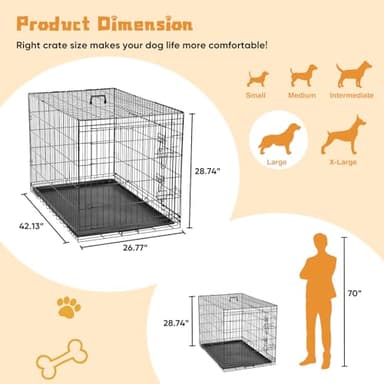 DUMOS Dog Crate, 42 Inch Large Double Door Dog Cage with Plastic Leak-Proof Pan Tray, Folding Metal Wire Pet Kennel for Indoor, Outdoor, Travel - Image 2