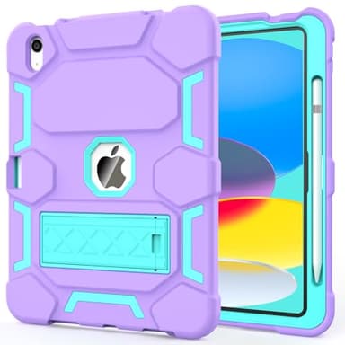 CCMAO Case for iPad A16 11th Generation 11 Inch 2025, iPad 10th Generation 10.9 Inch 2022, with Kickstand & Pencil Holder, Heavy Duty Shockproof Hybrid Protective Cover for Kids Girls, Purple+Green - Image 1
