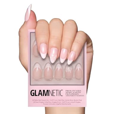 Glamnetic Press On Nails - All Time Love | Glossy, Semi-Transparent, Short Almond French Tip Nails with Leaf Accents, Salon Quality | 15 Sizes - 30 Nail Kit with Glue - Image 1