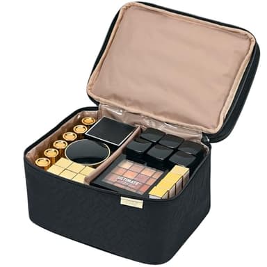 NISHEL Large Double Layer Travel Makeup Bag Women, Cosmetic Case, Organizer for Travel-Size Accessories Bottles, Brushes, Conditioner, and Skin Care Products, Black - Image 3