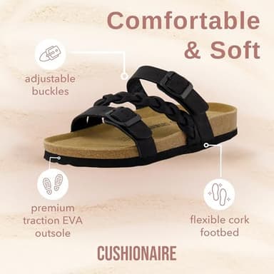 CUSHIONAIRE Women's Cork Footbed Sandal - Comfortable, Adjustable Straps, Arch Support, Wide Widths Available, Boho Chic Summer Slides, Black 10 - Image 2
