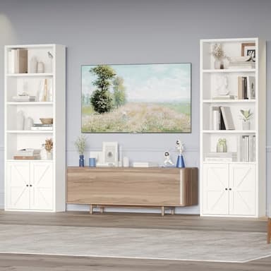 oneinmil 6 Tier Bookshelves and Bookcase with Doors Industrial Set of 2 Double Wide Floor Standing Book Shelf 71" Tall Display Shelves Bookshelf with Storage Cabinets for Living Room White - Image 4